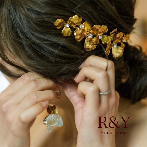 【H-37】 ヘッドドレス　ウェディング　ヘアアクセサリー　結婚式　ブライダル　小枝　卒業式の髪飾り　リーフカチューシャ 6枚目の画像