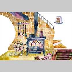 「あったか～い３題」　ポストカード　３点セット　薪ストーブのある風景　薪ストーブと仲間たち　囲炉裏とネコ 1枚目の画像