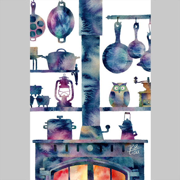 「あったか～い３題」　ポストカード　３点セット　薪ストーブのある風景　薪ストーブと仲間たち　囲炉裏とネコ 2枚目の画像