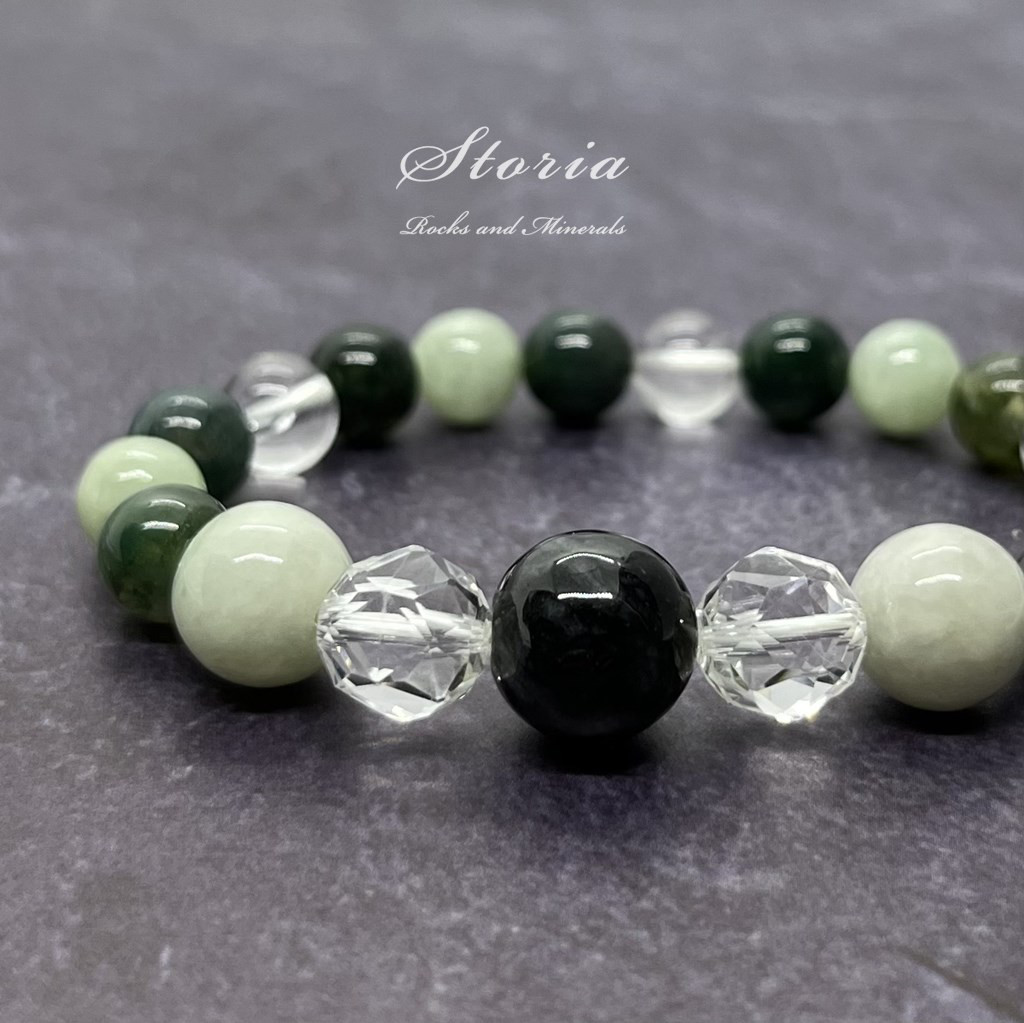 運気を浄化して成功を勝ち取る 黒翡翠×ヒマラヤ水晶×モスアゲート ブレスレット