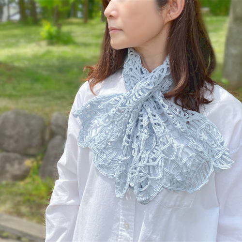 シルク100％ 雪椿柄 差し込みショートストール コード刺繍 日本