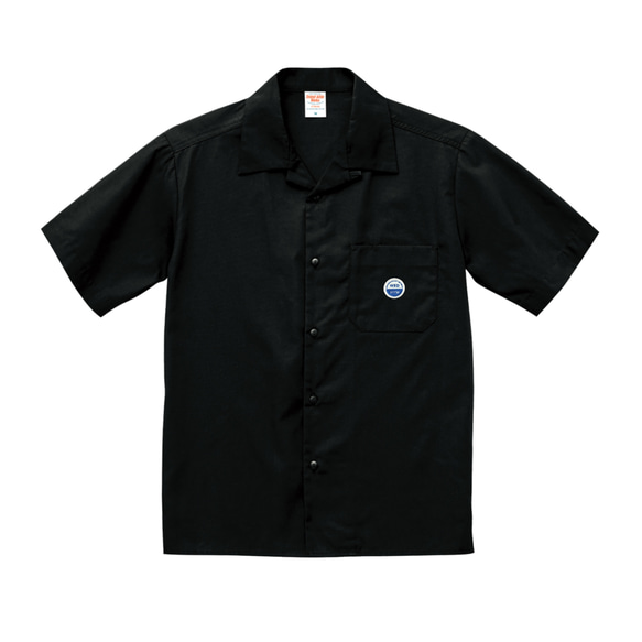 T/C オープンカラー シャツ【ブラック】 WED HYM 刺繍ワッペン付き 1枚目の画像