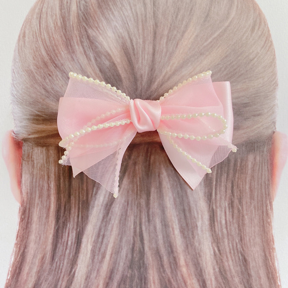 サテンとパールエッジオーガンジーのリボン（ベビーピンク）ヘアゴム  