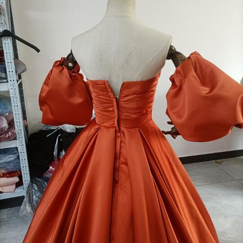 上品！テラコッタ色 パーティードレス 高級光沢サテン 取り外し袖  