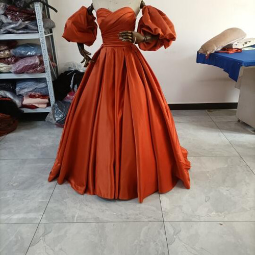 上品！テラコッタ色 パーティードレス 高級光沢サテン 取り外し袖  