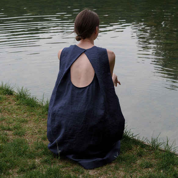 夏ピュアリネンスリングドレス くり抜く袖なしワンピース ♥濃紺色 2枚目の画像
