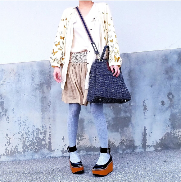 【オブジェでおでかけ】ソフトプリーツ2wayショルダーバッグ｜ブラック&ホワイト｜B65B｜簡易ラッピング仕様でお届け 4枚目の画像