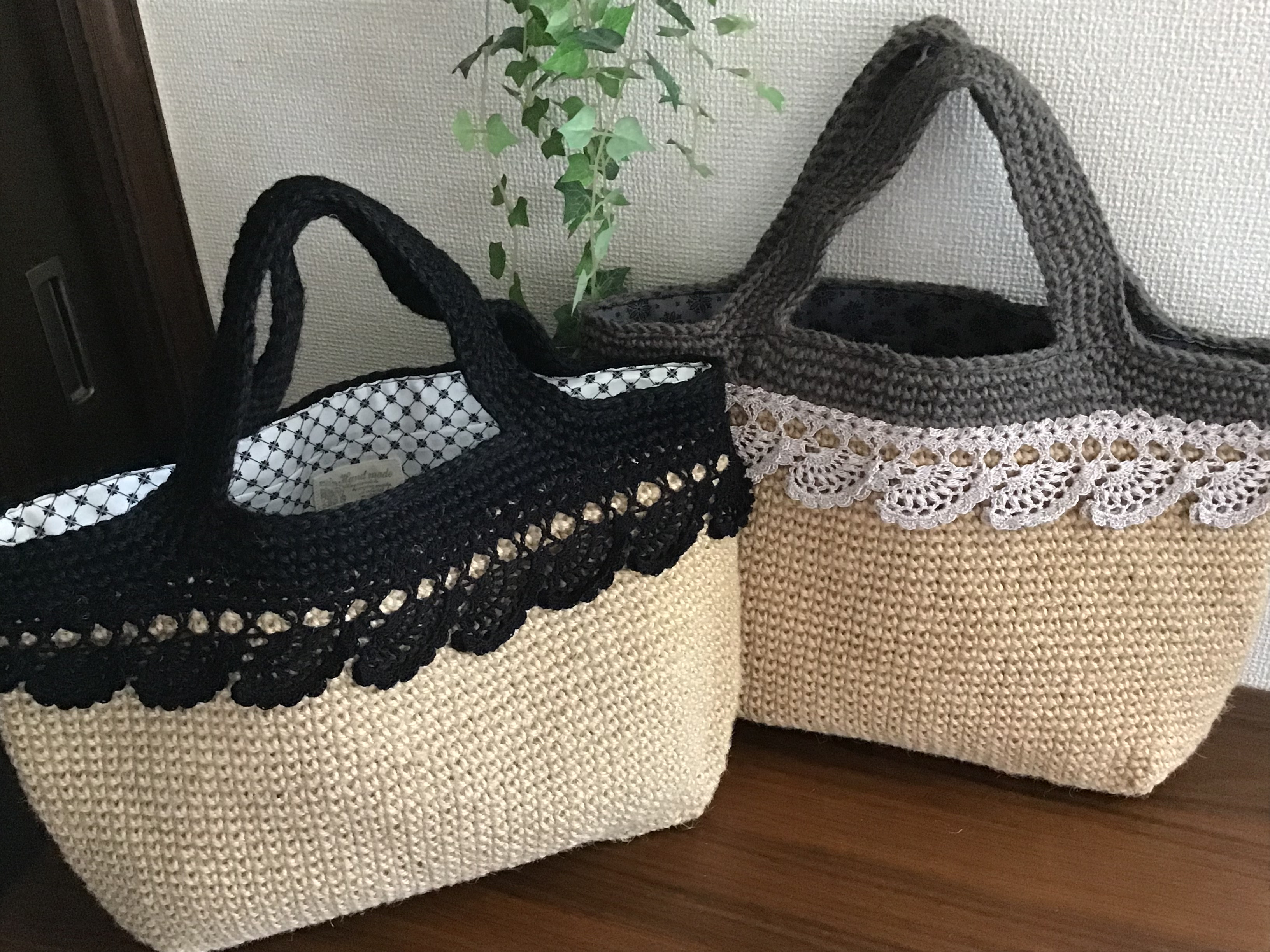 バイカラースクエア麻ひもバック(ブラック）