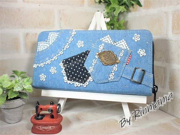 デニムとレースとビーズのキラキラ長財布