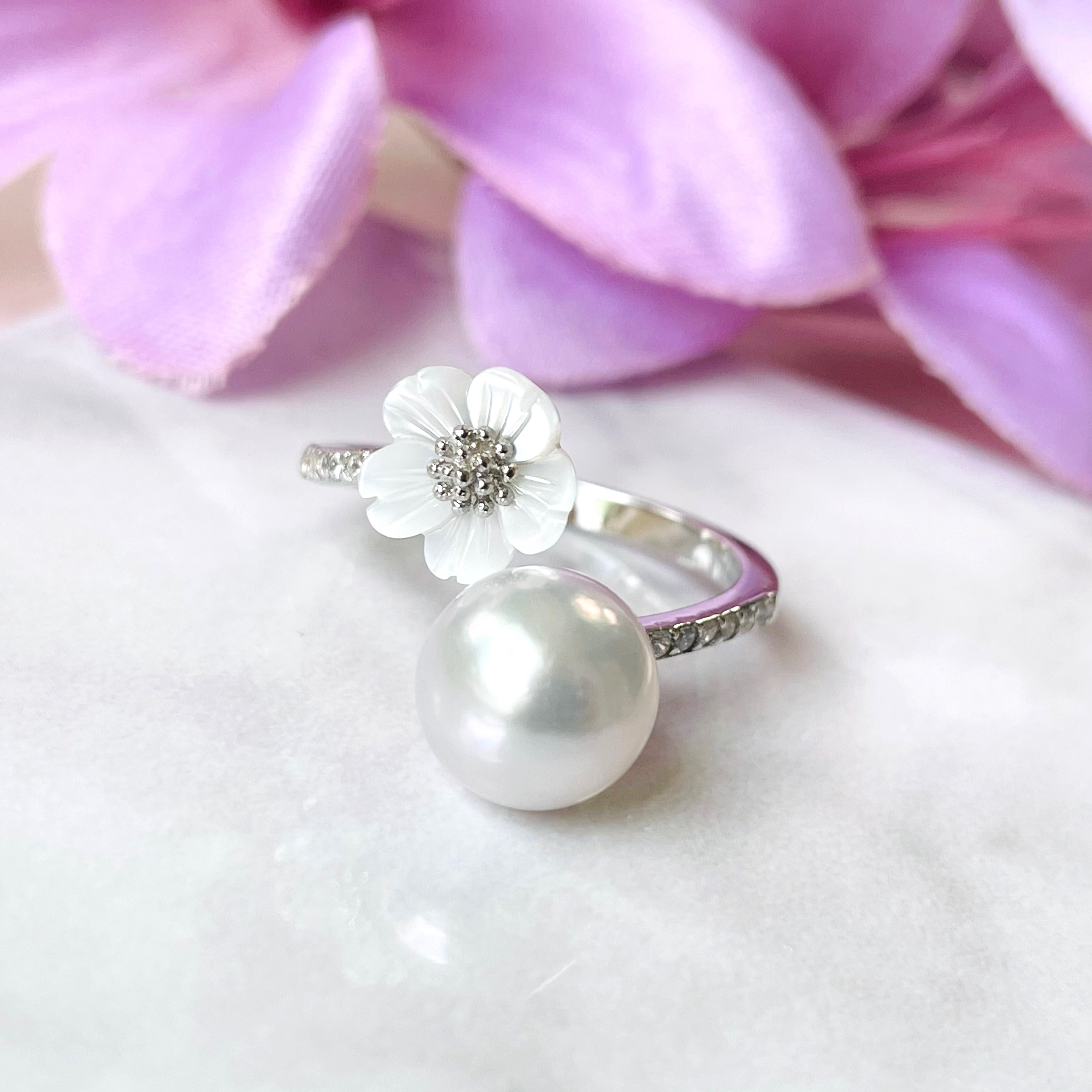 《SV925＋ロジウムコーティング》あこや真珠リング◇キュービックジルコニア◇フリーサイズ④