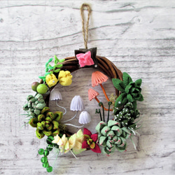 専用☆つまみ細工フラワーリース 多肉植物ときのこのミニリース＊つまみ細工＊エケベリア リース