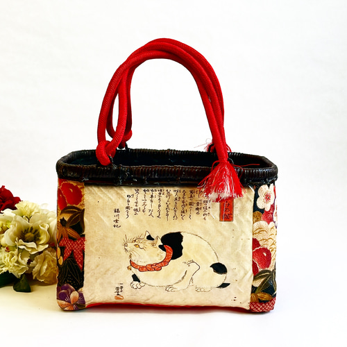 和柄猫 一閑張り バッグ かごバッグ ハンドバッグ 茶トラ 梅 少し