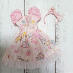 22cmドール服　ゆめかわ♡ワンピース　リカちゃん・ブライスサイズ　ピンク　ユニコーン 3枚目の画像