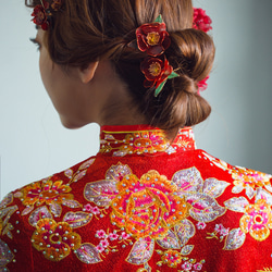 椿花 山茶花 中式造型秀禾服頭飾水晶花樹脂 新娘頭飾 髮叉 第1張的照片