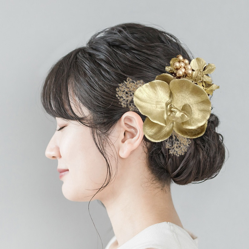 【着画割】 振袖　髪飾り　成人式　前撮り　後撮り　ゴールド　花　造花　胡蝶蘭　椿　かすみ草　ドライフラワー