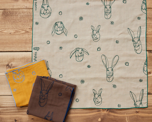 HAyU fabric ～RABBIT～ 綿100%ダブルガーゼ刺繍ハンカチ ハンカチ