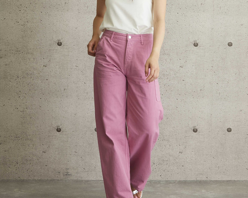 丈を自分サイズに変更可能 甘さ控えめピンク カラーワークパンツ M/L