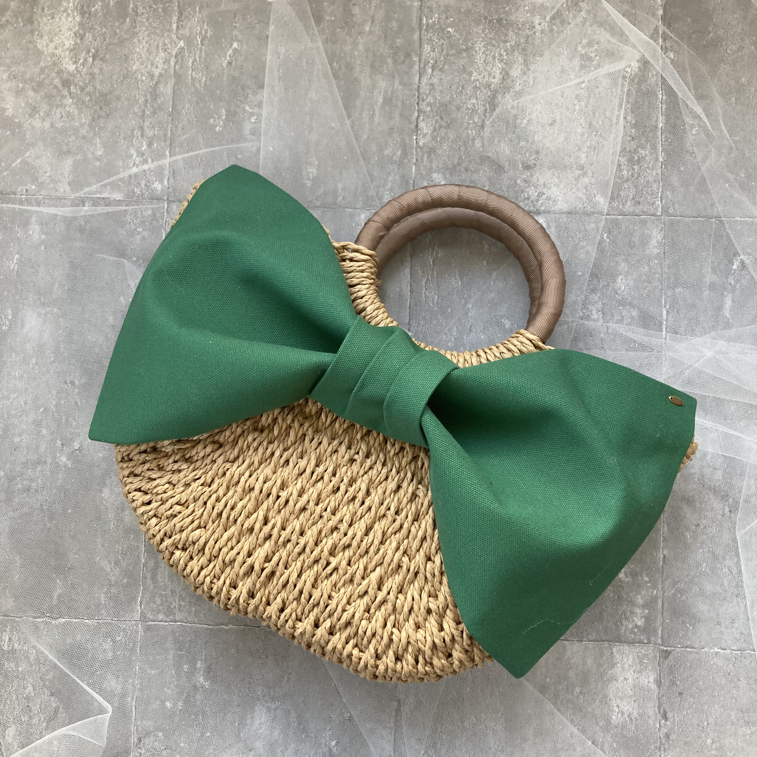大きいリボンがかわいい♡カゴ風バッグ　グリーン　My name bag カゴバッグ　リボンバッグ