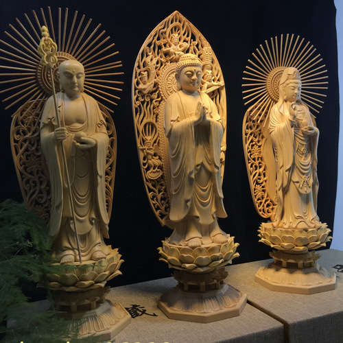 希少 娑婆三聖 阿弥陀如来 地蔵菩薩 観音菩薩 木彫仏像 仏教工芸品