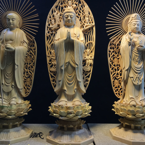希少 娑婆三聖 阿弥陀如来 地蔵菩薩 観音菩薩 木彫仏像 仏教工芸
