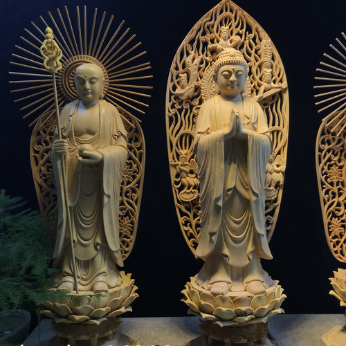 希少 娑婆三聖 阿弥陀如来 地蔵菩薩 観音菩薩 木彫仏像 仏教工芸品