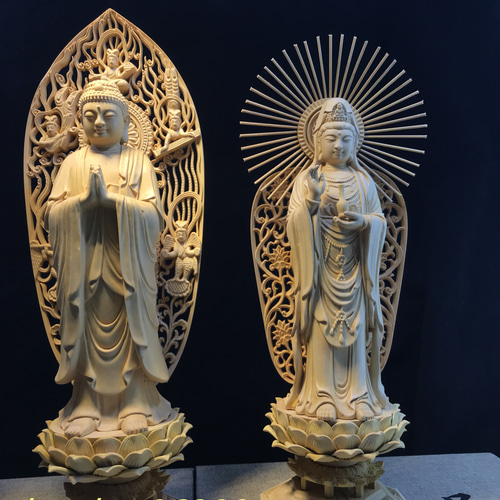 希少 娑婆三聖 阿弥陀如来 地蔵菩薩 観音菩薩 木彫仏像 仏教工芸品