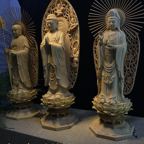 希少 娑婆三聖 阿弥陀如来 地蔵菩薩 観音菩薩 木彫仏像 仏教工芸品