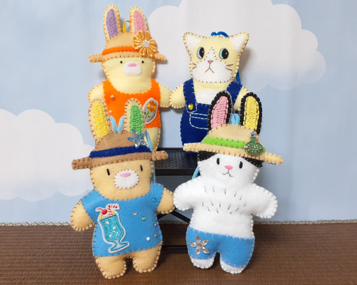 夏の装いのフェルトマスコット3(うさぎ・猫) ぬいぐるみ もちまる 通販