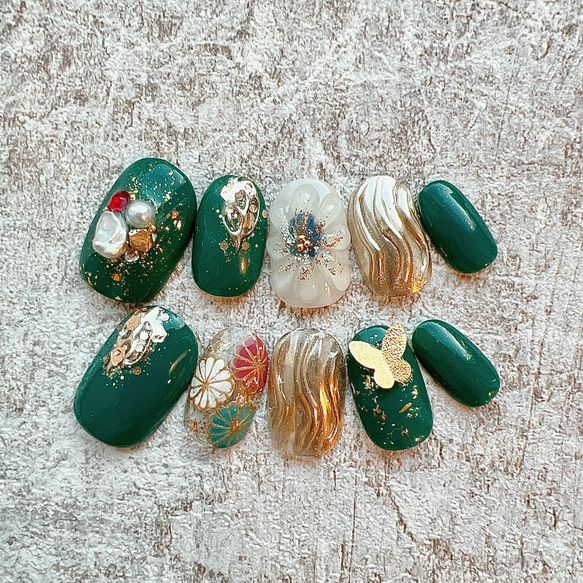 和柄ネイル/卒業式/成人式/蝶々/花柄/ぷっくりフラワー/グリーン  