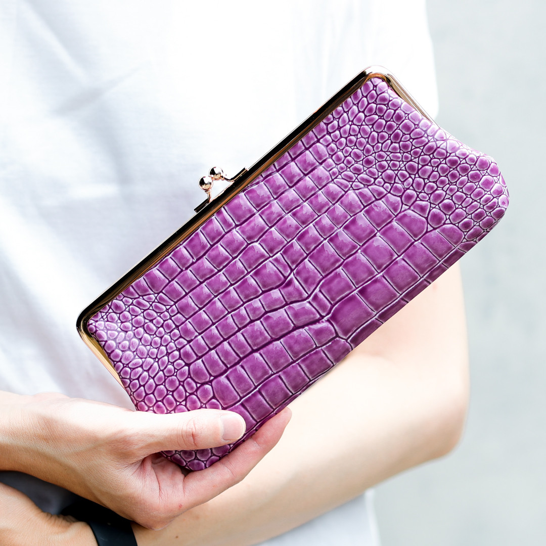 送料無料 Filness ペール エナメル クロコ がま口 長財布 軽量 国産 牛革 ピンクゴールド 口金 ヴィオレッタ
