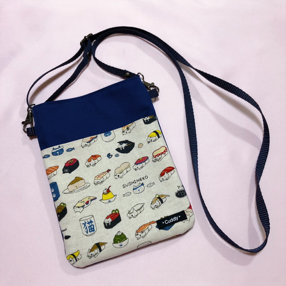 1262．お寿司猫柄 スマホショルダー 色を選べます スマホ用