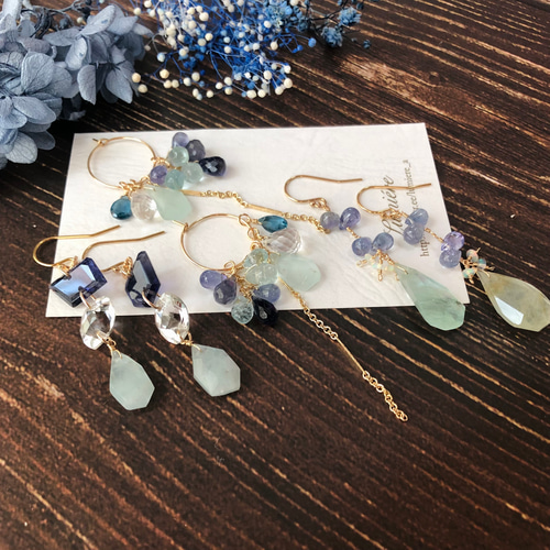 14kgf＊ミルキーアクアマリンとアイオライトのピアス ピアス（フック