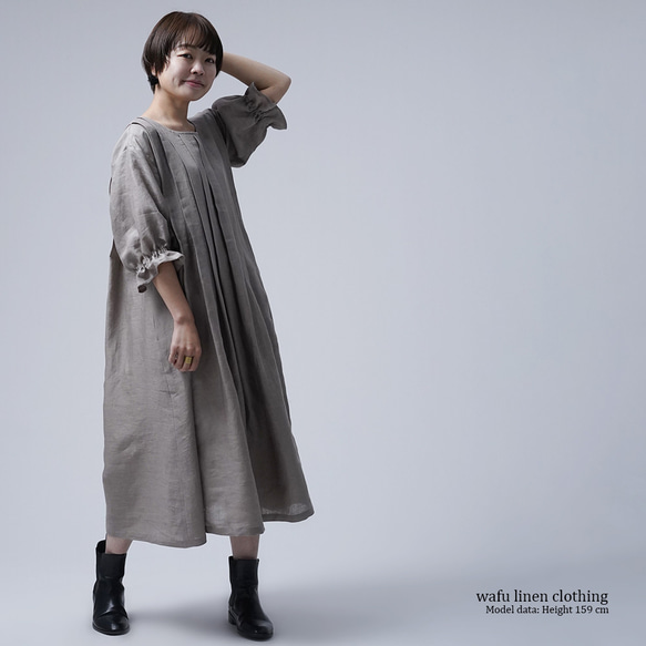 [wafu] [亞麻洋裝] 蓬鬆輕盈搖曳褶裙 / 淡褐色 a014d-hbm1 第3張的照片
