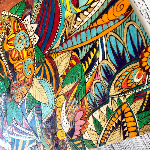 送料無料】ガネーシャの絵A3サイズ ターコイズ＆オレンジ系（額付き