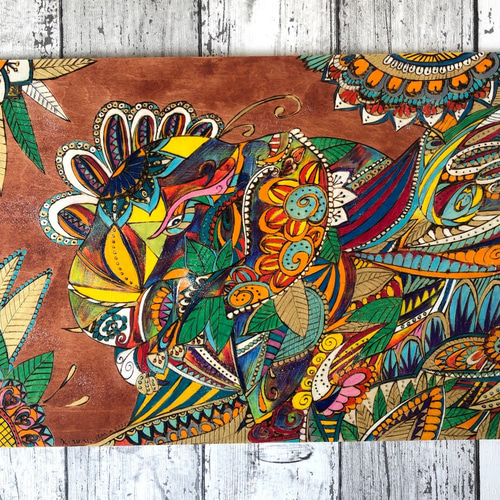 送料無料】ガネーシャの絵A3サイズ ターコイズ＆オレンジ系（額付き