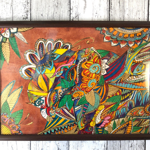 送料無料】ガネーシャの絵A3サイズ ターコイズ＆オレンジ系（額付き