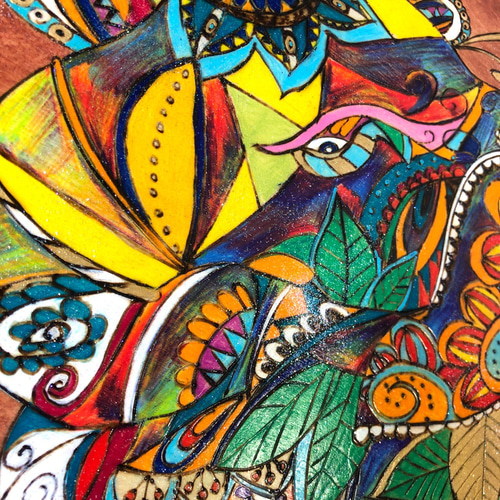 送料無料】ガネーシャの絵A3サイズ ターコイズ＆オレンジ系（額付き