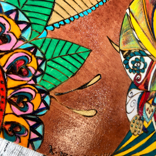 送料無料】ガネーシャの絵A3サイズ ターコイズ＆オレンジ系（額付き