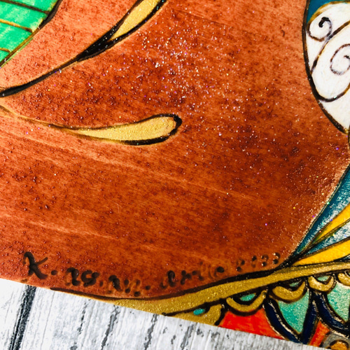 送料無料】ガネーシャの絵A3サイズ ターコイズ＆オレンジ系（額付き