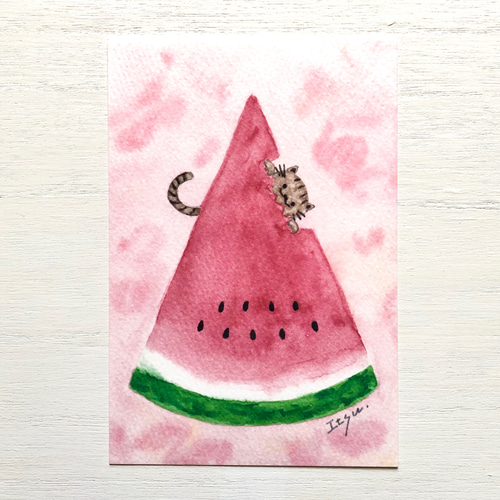 透明水彩画 3枚セット「スイカ大好き猫ちゃん」イラスト ポストカード