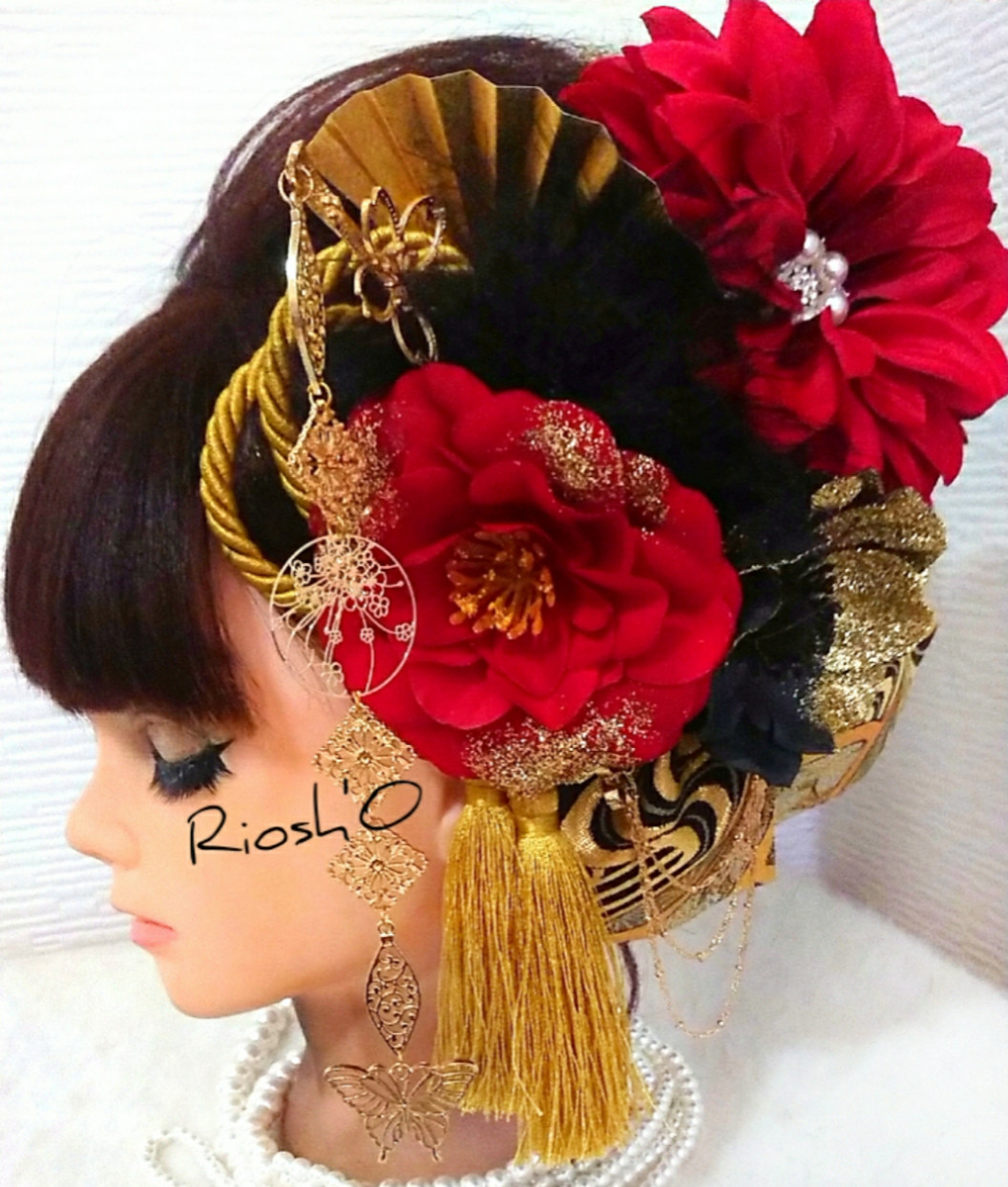 黒金×赤 簪(かんざし) リボン付き 髪飾り セット 成人式 花魁風 和装