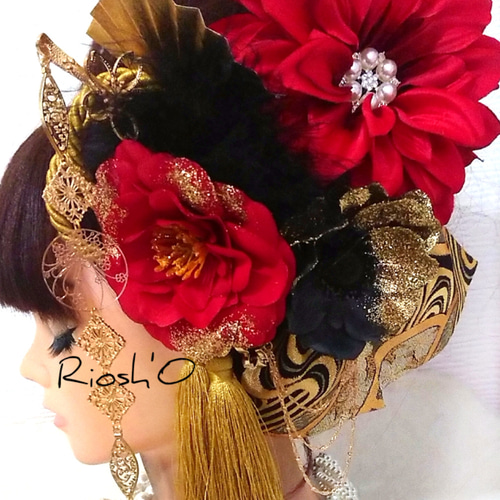 黒金×赤 簪(かんざし) リボン付き 髪飾り セット ❀ 成人式 花魁風