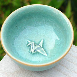 ぐい呑　双鶴 黄瀬戸 ぐい呑 水野双鶴作 未使用品 共箱付き（GG4642） - リユース