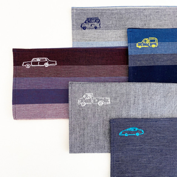 drive a CAR【刺繍の亀田縞ハンカチーフ】クラシックカー 車 綿100％ 伝統織物 2枚目の画像