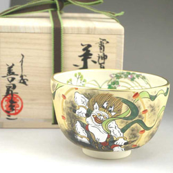 ◆商品番号　10664 抱一写雷神・夏草図抹茶茶碗　善昇 1枚目の画像