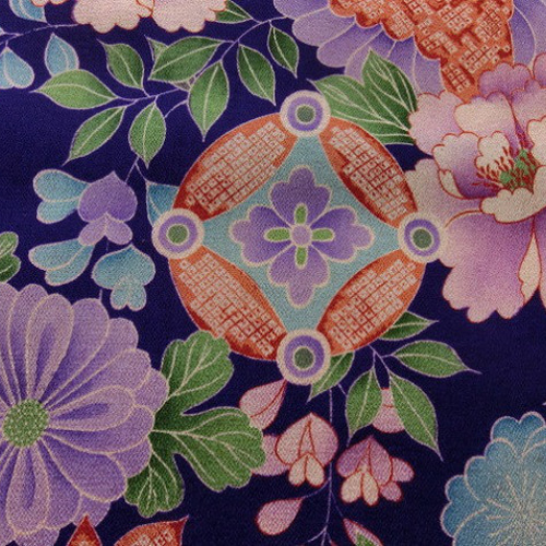 古布＊正絹錦紗縮緬＊紫地に鶴・お宝・花々＊35x130cm＊はぎれ