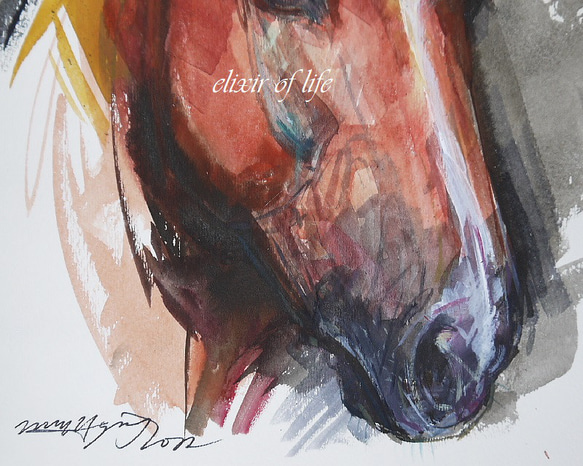 馬房で。。。（高級水彩画用紙、F4、２４ｃｍ×３３，７ｃｍ、墨。水彩、アクリル） 3枚目の画像