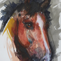 馬房で。。。（高級水彩画用紙、F4、２４ｃｍ×３３，７ｃｍ、墨。水彩、アクリル） 1枚目の画像