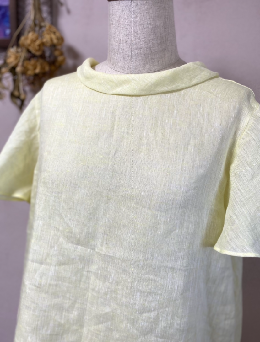 《大きいサイズ》　ベルギーLIBECOリネン　2wayロールカラーボウタイブラウス　レモンイエロー　Ｌ•ＬＬ•１３号