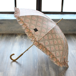 日差し対策に♪フリル付き日傘 ダマスク柄 (グレージュ×ピンク) 2枚目の画像